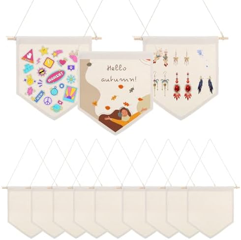 12PCS Blank Canvas Flag, Natural Canvas Banner Wall Hanging with Wooden Dowel for DIY Pin Display, Paint Decorations, Enamel Badge Collection (10.4" x 9.44")