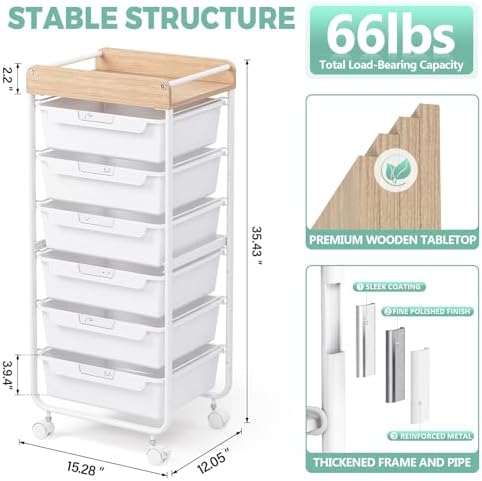 SYKIARIOL Rolling Cart with 6 Drawers,Art Craft Organizer and Storage,White