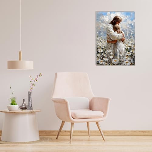 MAXBYE Framed Paint by Numbers Kit for Adults, Canvas Painting by Number Jesus Hugging Women Christian with Wooden Easel, DIY Acrylic Craft Art Kits for Beginners Gift Home Wall Decor10×14 in