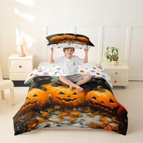 Erosebridal Halloween Black Cat Duvet Cover Twin Size Witch Hat Pumpkin Bedding Set for Kids Boys Girls Horror Halloween Comforter Cover Vintage Oil Painting Bedclothes Room Decor