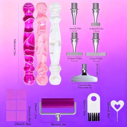 ZYNYXY 17PCS Ergonomic Diamond Art Pen Kits, with Multifunctional Metal Stainless Steel Screw Thin 1, 3, 6, 9, Tips, Correction Placers Roller Accessories (Purple + Pink + White + 5 PCS Tips)