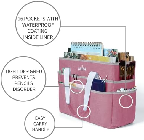 JJRING Craft Organizer Tote Bag Large Art Storage Caddy Pink | With Multiple Pockets For Sewing, Scrapbooking, School, Medical, And Office Supplies