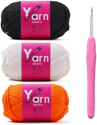 Crochet Yarn 150g/163.5yds Cotton Yarn for Crocheting - Crochet Knitting Yarn for Beginners with Easy-to-See Stitches - Yarn for Crocheting - Parfait Chunky Yarn (Black+White+Orange Peel)