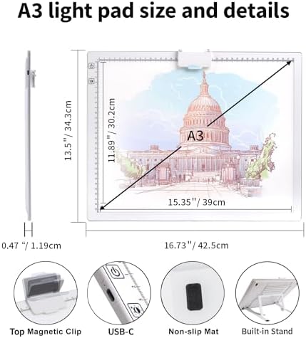 Rechargeable A3 Diamond Art Light Board with Padded Case,Light Pad with Stand,3 Colors Stepless Dimmable and 6 Levels of Brightness Light Box for tracing,Diamond Painting,Drawing,Sketching(White)