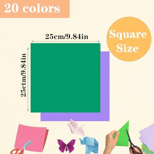 100 Sheets Origami Paper, 25x25 cm/10 Inch Origami Paper Double Sided(70gsm), 20 Colors Large Origami Paper Squares for Kids DIY School Arts Crafts Projects Children Adults