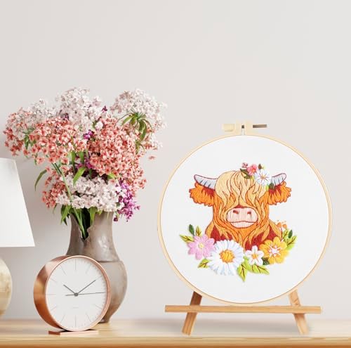 Louise Maelys Highland Cow Embroidery Kit for Beginners Floral DIY