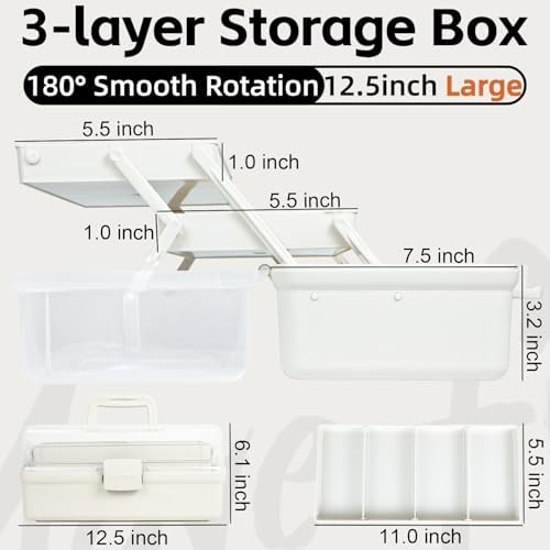 TERGOO 12.5in 3-Layer Multipurpose Craft Organizers and Storage with Adjustable Dividers, Portable Tackle Box, Folding Art & Craft Case for Medicine, Tool, Sewing Organizer (White)