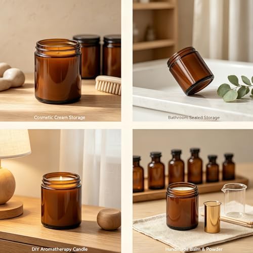 8oz Amber Candle Jars Set of 12,Round Thick Glass Jar with Black Lids