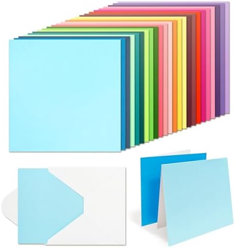 6 x 6 Inch Sqaure Blank Cards with Envelopes 100LB Folded Greeting Cards 24 Assorted Colors 48 Thick Plain Card Stock for Card Making, Photo Cards, Embroidery