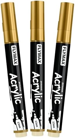 FLYMAX Gold Marker Paint Pens - Permanent Marker Pens Gold Acrylic Paint Water-Based 2.5mm Medium Tip Waterproof Quick-Drying (3 in 1Pack)