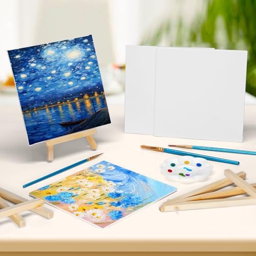 20 Pack 5.9In Canvas Boards for Painting, Art Canvas for Drawing with 10 Brushes & 5 Paint Trays, Mini Painting Canvas with Easel Set, Painting Kits for Adults Party