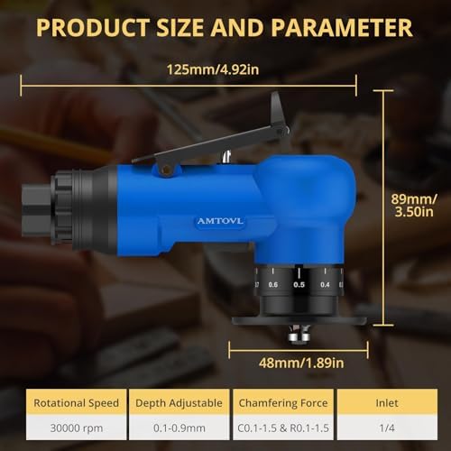 AMTOVL Pneumatic Chamfering Tool, Mini Air Chamfer Tool W/ 10C & 10R Blades | Chamfer Tool with 10 C-Angle & 10 R-Angle Blades, 45° 30000 RPM Chamfering Tool for Metal and Wood with 1/4" Air Inlet