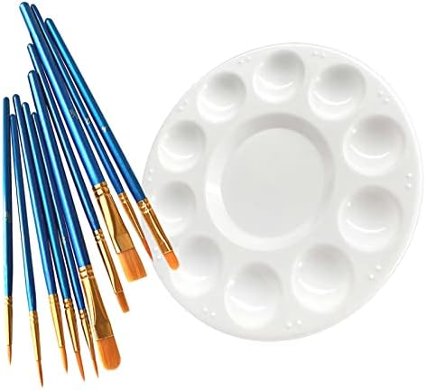 Paint Brushes Palette Set, 10pcs Nylon Hair Brushes and 1pcs Plastic Paint Palette, Combination Suitable for Oil, Acrylic and Watercolor