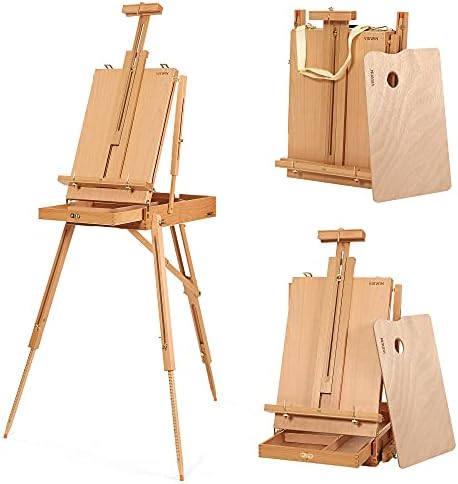 VISWIN French Easel for Painting with Palette, Shoulder Strap & Storage, Adjustable Beech Wood Travel Art Easel Stand, Portable Sketchebox Plein-Air Easel for Adults, Artists, Table Top & Floor Use