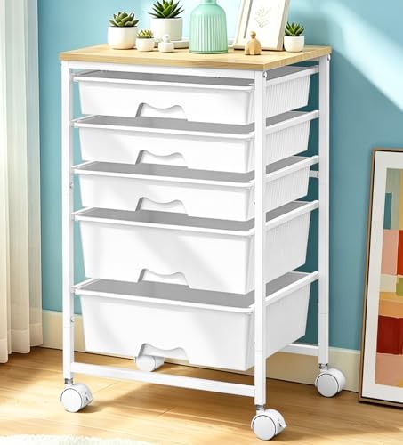 SUNALLY Rolling Carts With 5 Drawers, Storage Drawer Carts for Craft, White | Rolling Utility Cart with Wooden Tabletop & 2 Lockable Wheels, Teacher Storage Cart for Classroom School, Makeup, Nail, Art