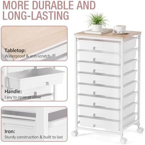 TOOLF Rolling Storage Cart with 8 Drawers,White | Utility Cart on Wheels with Wooden Tabletop,Teacher Organization for Classroom, Art Cart for Office,Bedroom,Craft Room