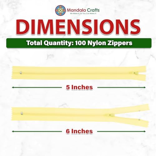 Mandala Crafts 100 PCs Butter Yellow Closed-End 5" Nylon Zippers for Sewing