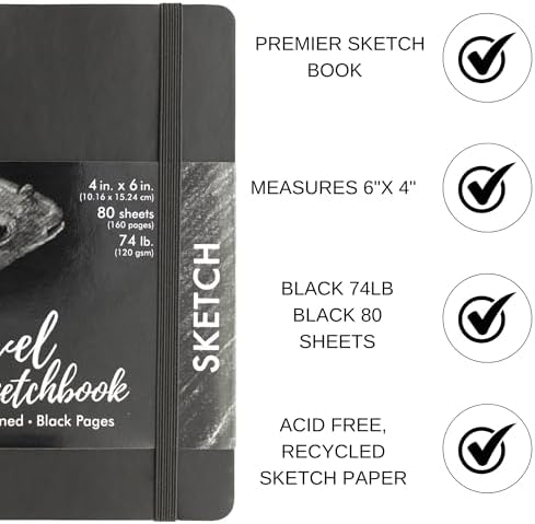 Pro Art Premier Sketch Book Travel 6"x 4" Black 74lb Black 80 Sheets, Sketch Book, Sketchbook, Drawing Pad, Pad, Drawing Paper, Art Book, Paper, Sketchbook for