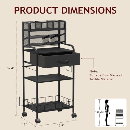 Homsorout Art cart, 3 Tier Rolling Cart - Utility Cart with Storage Drawer and Wheels, Versatile Art & Craft Organizer for Home, Office, or Studio Ideal for Storing Brushes, Paints (Black)