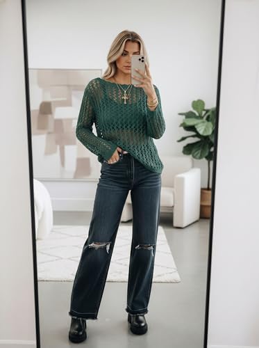 EVALESS Crochet Tops for Women Long Sleeve Hollow Out Knit Sweaters