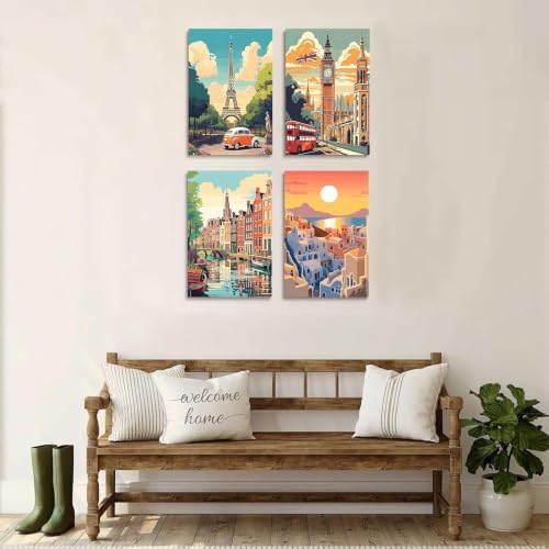 4 Pack Cityscape Framed Paint by Numbers Kit for Adults with Easel 8x12 in