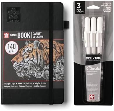 Sakura A5 Sketchbook & Gelly Roll White Bundle, Black Paper, 5.1x8.3"