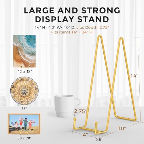 TR-LIFE 14 Inch Gold Metal Plate Stand (2 Pack) - Heavy Duty Display Easel for Large Plates, Frames, Platters and Art