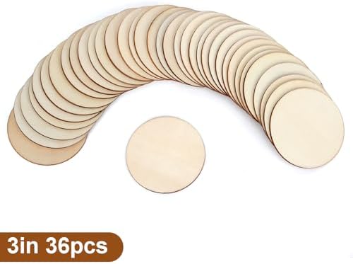 Blisstime Unfinished Wood Circles for Crafts, Wood Rounds for Crafts, Round Discs for Painting, Writing, DIY Supplies, Engraving and Carving, Home Decorations (3" 36 Pcs)