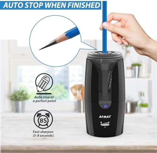 AFMAT Rechargeable Long Point Pencil Sharpener for Artist, Fast Sharpen & Auto Stop, 8-17mm Long Point, Electric Artist Pencil Sharpener for φ6-12mm Charcoal/Drawing/Sketching/Colored Pencils PS29