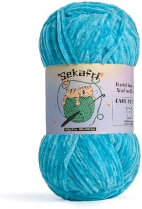 Fuzzy Chenille Yarn for Crocheting, Fluffy Amigurumi Crochet Yarn for DIY Craft/Hat/Shoes, (100g/197yds) Soft Velvet Baby Blanket Yarns（Blue）