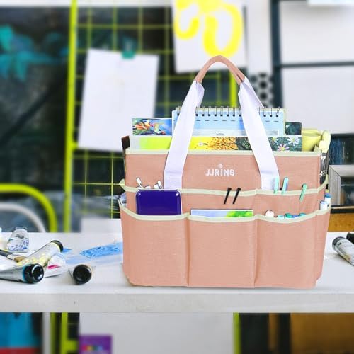 JJRING Craft Organizer Tote Bag Large Art Storage Caddy Beige | With Multiple Pockets For Sewing, Scrapbooking, School, Medical, And Office Supplies
