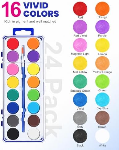 24 Pack Watercolor Paint Set, 16 Colors Watercolor Paint Set Bulk with Paint Brushes, Washable Paint, Art Supplies for Classroom, Parties