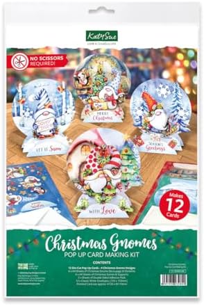 Katy Sue Christmas Gnomes Die Cut Pop Up Card Making Kit for Adults. Makes 12 Cards & Contains Gnome Die Cut Decoupage Paper Sheets, Supports, Envelopes, & Foam Pads For Christmas Card Making Supplies