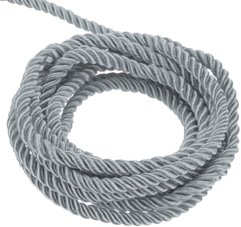 MECCANIXITY Twisted Cord Trim, 5 Yard 3mm 3-Ply Twine Braided Rope Shiny Thread String for Craft Gift Bag Curtain Christmas Decor, Grey - 5m