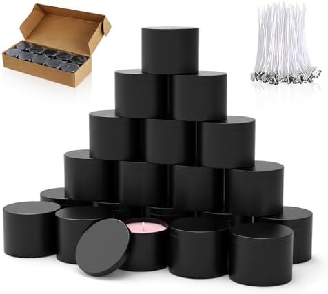 PCREGPAE 4OZ Black Candle Tins Cans with Lids and Wicks for Making Candles