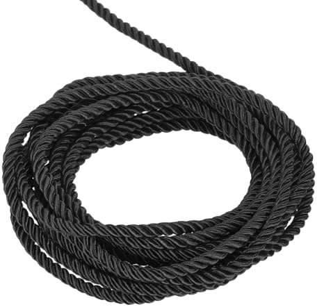MECCANIXITY Twisted Cord Trim, 5 Yard 5mm 3-Ply Twine Braided Rope Shiny Thread String for Craft Gift Bag Curtain Christmas Decor, Black - 5m