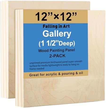 Falling in Art 2 Pack 12x12'' Unfinished Gallery Birch Wood Canvas Panels | 1 1/2" Deep Art Cradle Boards for Acrylic Painting, Pouring, Burning,Epoxy Resin, Laser Engraving Cutting