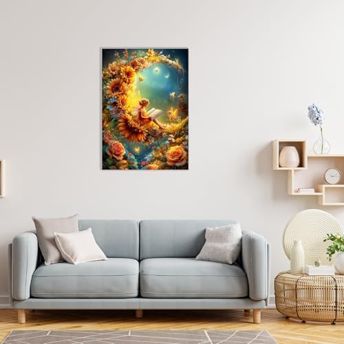MAXBYE Moon Paint by Numbers Kit for Adults with Frame and Wooden Easel, Fairy Easy Painting Numbers Art Kits with Frame on Canvas, DIY Acrylic Painting Kit for Gift Home Wall Garden Decor 10×14 in