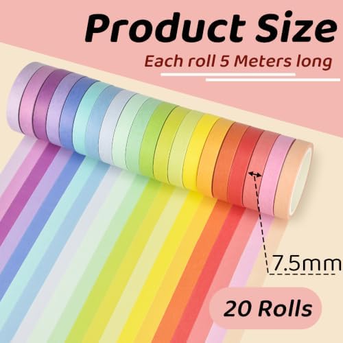 Colorful Washi Tape Set, 20 Rolls Decorative Washi Tape for Scrapbooking Planner Bullet Journal Crafts DIY Art Supplies Gift Wrapping (7.5mm*5M)