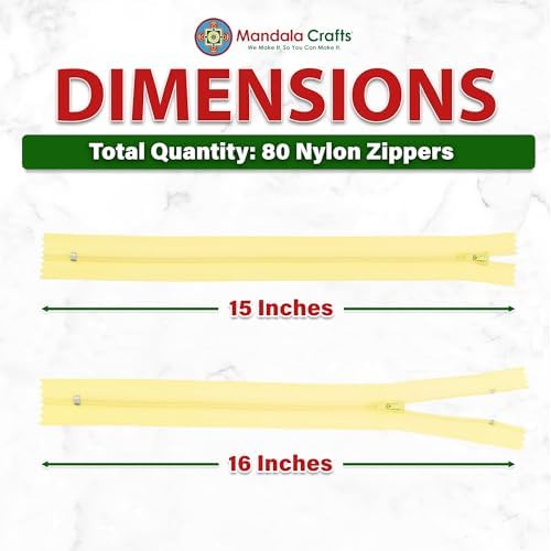 Mandala Crafts 80 PCs Butter Yellow Closed-End 15" Nylon Zippers for Sewing
