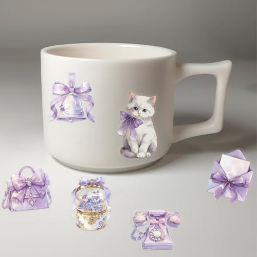 50 Pcs Romantic Purple Dreamy Transparent Scrapbook Stickers – Fantasy Fairycore Crystal Bow Ribbon Castle Animals Clear Journaling Decorative Stickers