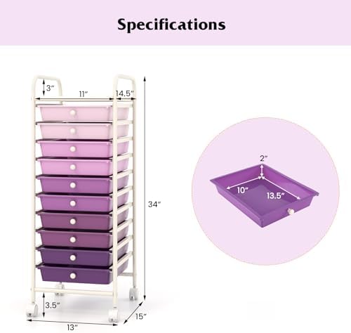 Storage Cart, Rolling Utility Cart with 10 Drawers, Portable Handles & Lockable Wheels, Mobile Paper Toys Storage Organizer Large Capacity for Home Office School Teacher (Purple Gradient)