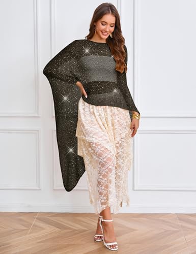 MAKABO Women's Crochet Sheer Poncho Top Lightweight Sparkly Shrug Pullover Knit Bolero Sweater Cover Up Beachwear