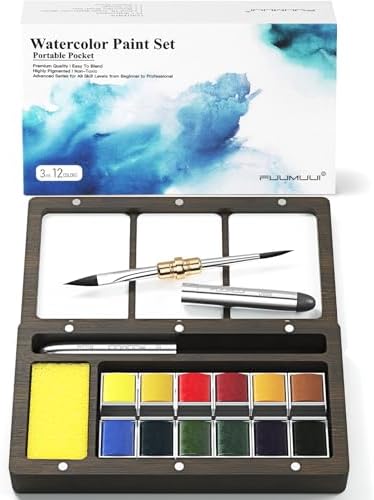 Fuumuui Watercolor Paint Set, 12 Watercolor Paints with Dual Tip Travel Watercolor Brushes Wooden Palette, Art Supplies for Painting, Travel Watercolor Set, Amateur Hobbyists
