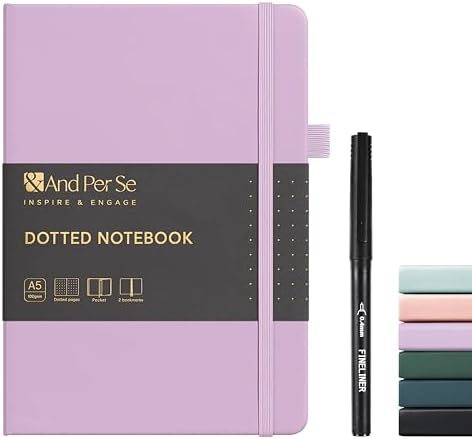 &And Per Se Dotted Notebook with Pen, A5 Hardcover Dotted Journal, 160 Pages 100GSM Thick Paper Dot Grid Journal with Fineliner Pen (Purple)