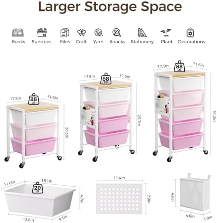 Rolling Cart with 3 Drawers, Plastic Drawer Storage Carts with Lockable Wheels & Wooden Tabletop, Metal Utility Cart Organizer, Office Bedroom Classroom Craft Organization and Storage, Bright Pink