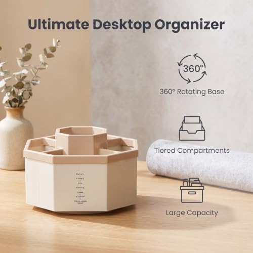 Jekelife 360 Degree Rotating Pen Holder,5-Compartment Desk Organizer,Pink