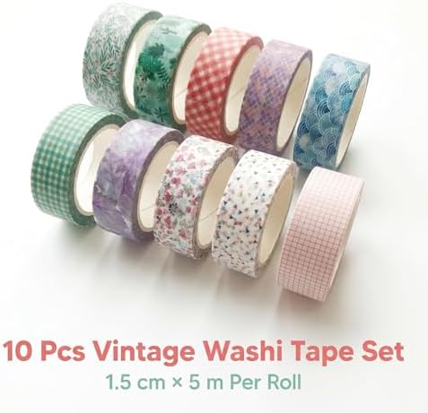 10 Pcs Vintage Washi Tape Set, 1.5 cm × 5 m Decorative Adhesive Tape Rolls, Multi Pattern Decorative Washi Tape for Scrapbooking, Journaling, Art Crafts, Planner, Gift Wrapping & DIY Decorations