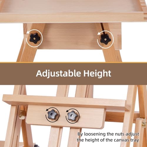 Horizontal Beechwood Studio Easel with Drawer and Palettes, Natural | H-Frame Solid Wooden Painting Easel for Students, Beginners, and Artists, Hold Canvas to 50Inches High