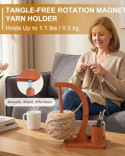 SPEENSUN Magnetic Bamboo Yarn Holder with Phone Stand, Walnut Finish